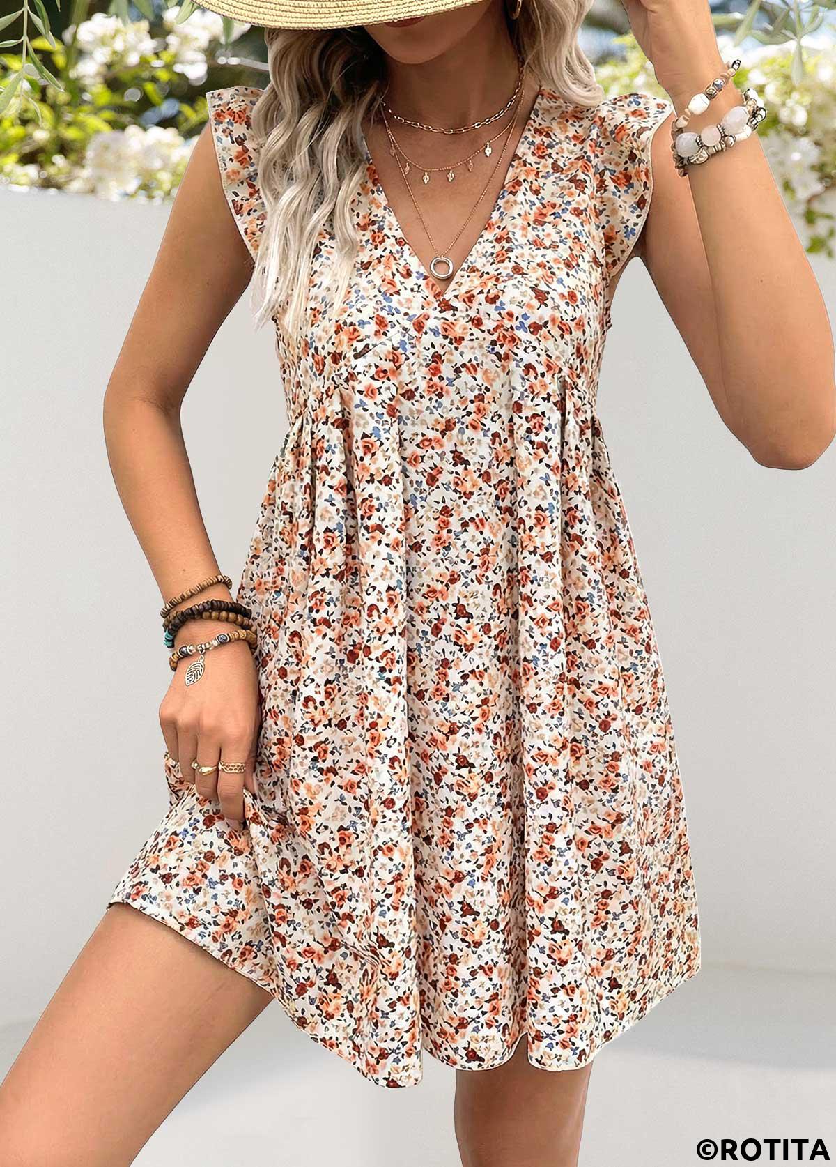 White dresses,Ditsy Floral dresses,Vacation dresses,ROTITA White Ditsy Floral Print Pleated Short A Line Dress