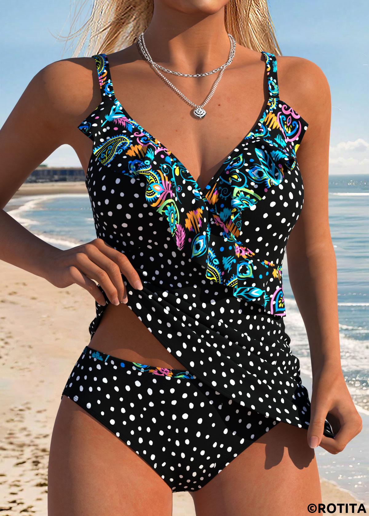 Black swimwear,Dot swimwear,ROTITA Black Two-piece Polka Dot Mid Waisted Tankini Set