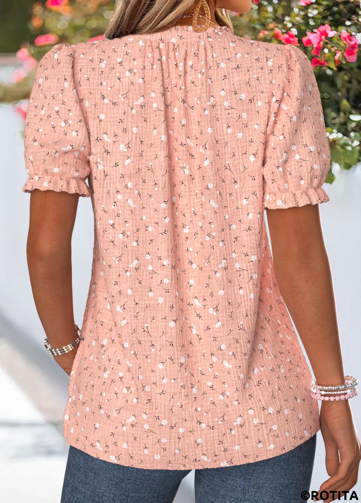 Dusty Pink plus size,Floral plus size,Plants plus size,ROTITA Plus Size Frill Dusty Pink Floral Print T Shirt