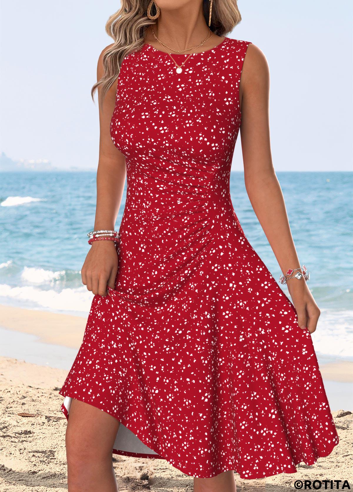 Red dresses,Dot dresses,Vacation dresses,Vacation dresses,ROTITA Red Polka Dot Shirred Round Neck Sleeveless Dress
