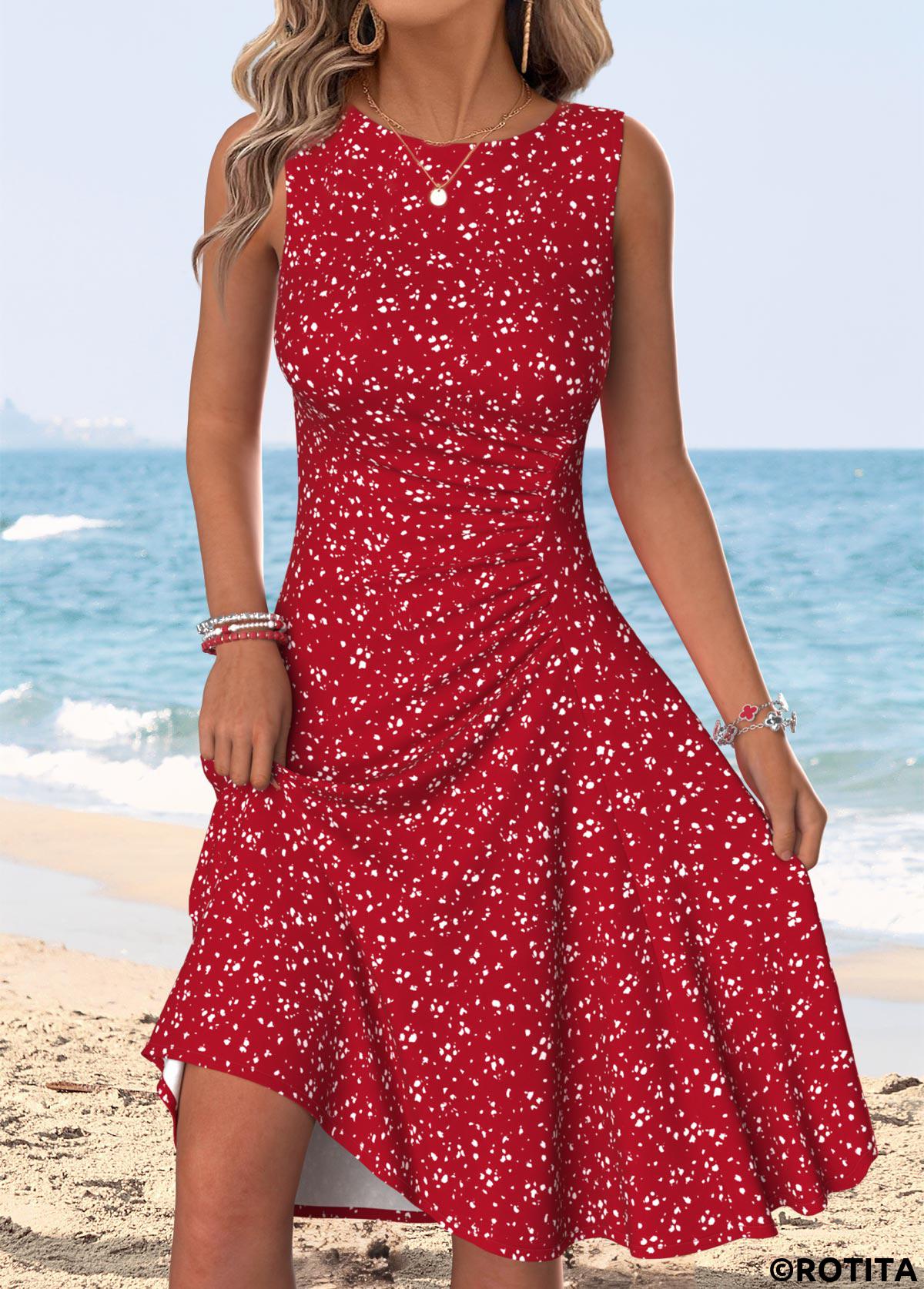 Red dresses,Dot dresses,Vacation dresses,Vacation dresses,ROTITA Red Polka Dot Shirred Round Neck Sleeveless Dress