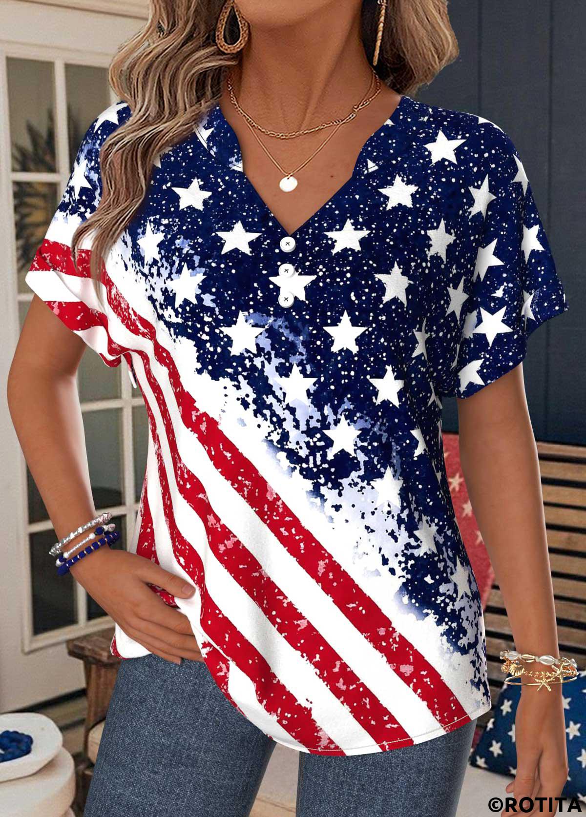 Red tops,Flag tops,ROTITA American Flag Tummy Coverage Red Split Neck T Shirt