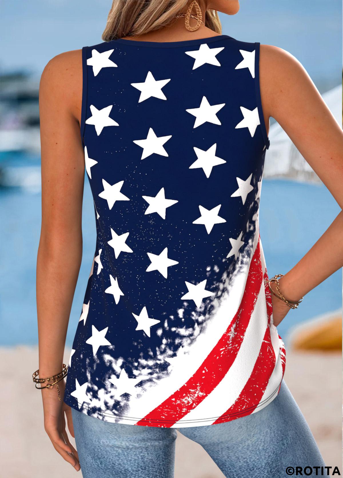 Navy tops,Flag tops,ROTITA Curved Hem Flag Print Navy V Neck Tank Top