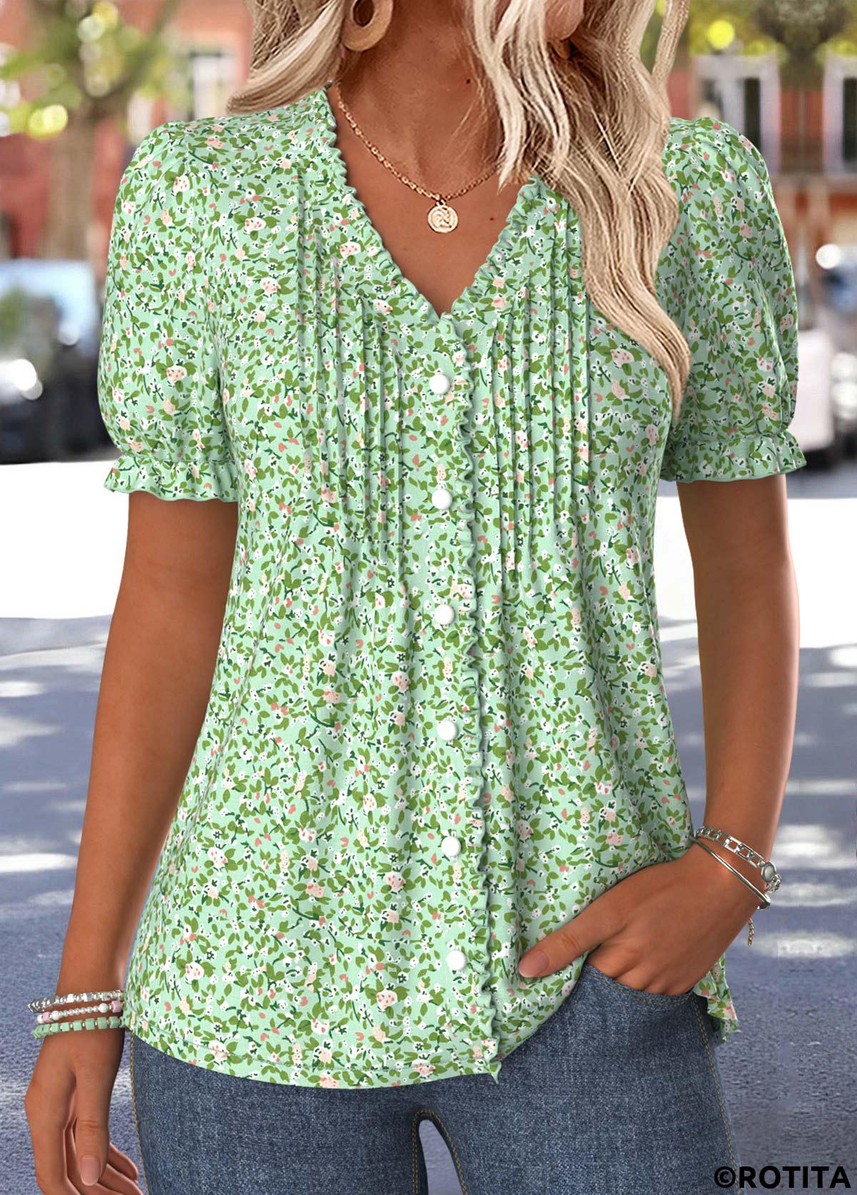 Light Green tops,Ditsy Floral tops,ROTITA Tuck Stitch Ditsy Floral Print Light Green T Shirt