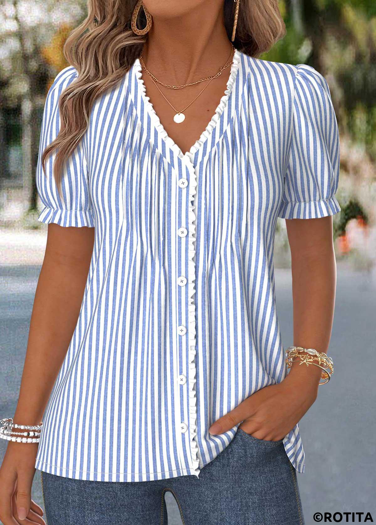 Dusty Blue tops,Striped tops,Geometric tops,ROTITA Frill Striped Dusty Blue V Neck T Shirt