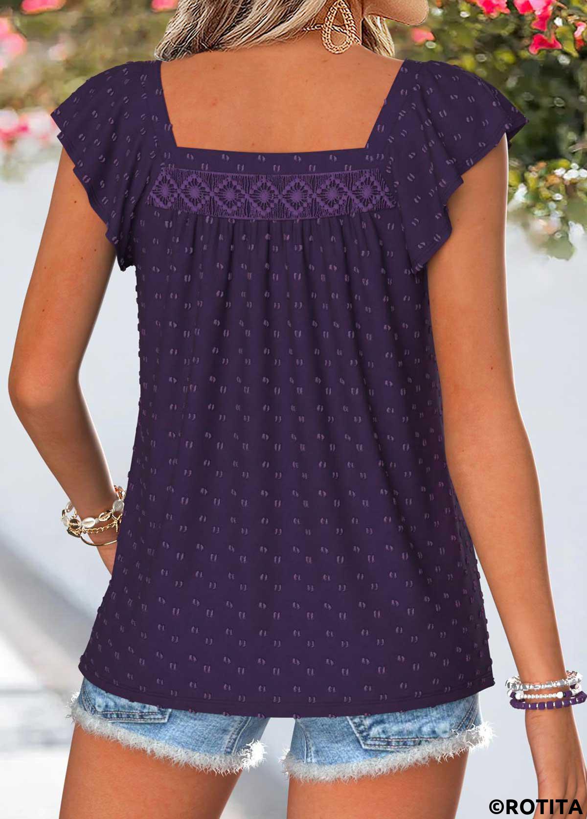 Purple tops,Plain Color tops,ROTITA Curved Hem Purple Square Neck Short Sleeve Tank Top
