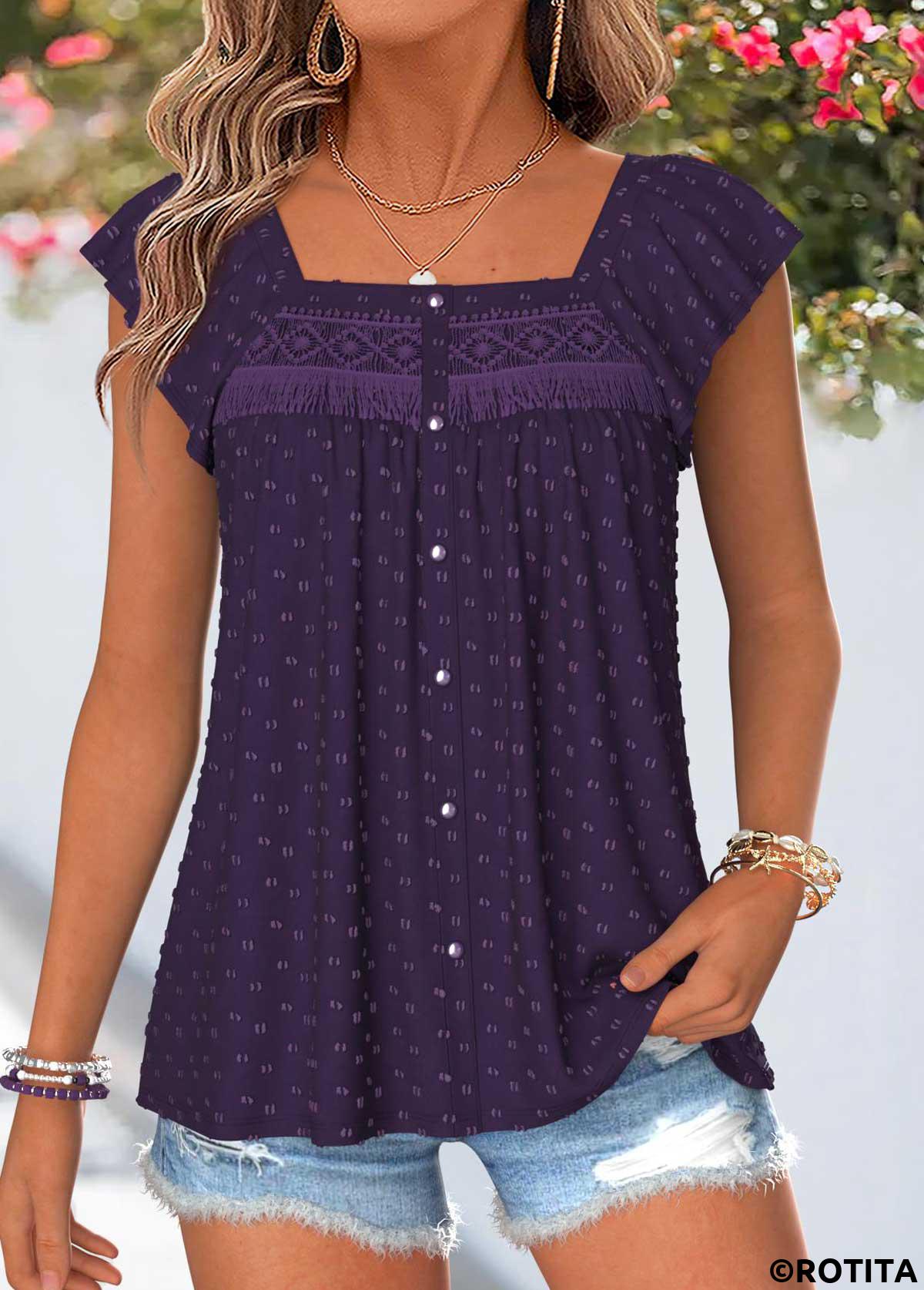 Purple tops,Plain Color tops,ROTITA Curved Hem Purple Square Neck Short Sleeve Tank Top