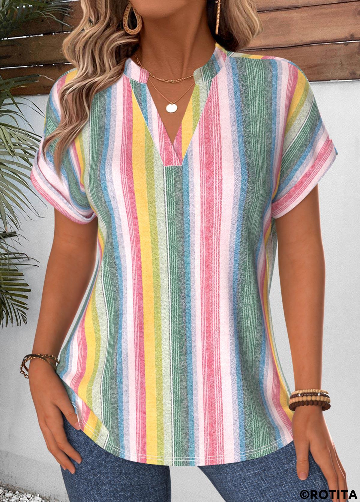 Multi Color tops,Striped tops,Geometric tops,ROTITA Curved Hem Striped Multi Color Stand Collar Blouse
