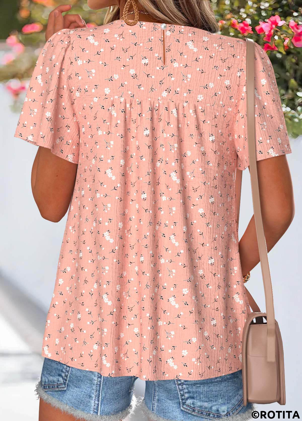 Light Pink tops,Floral tops,Plants tops,ROTITA Patchwork Floral Print Light Pink Round Neck T Shirt