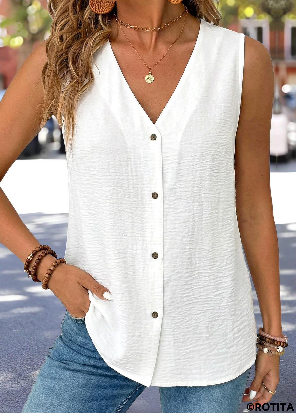 White tops,Plain Color tops,ROTITA Tummy Coverage White V Neck Sleeveless Tank Top