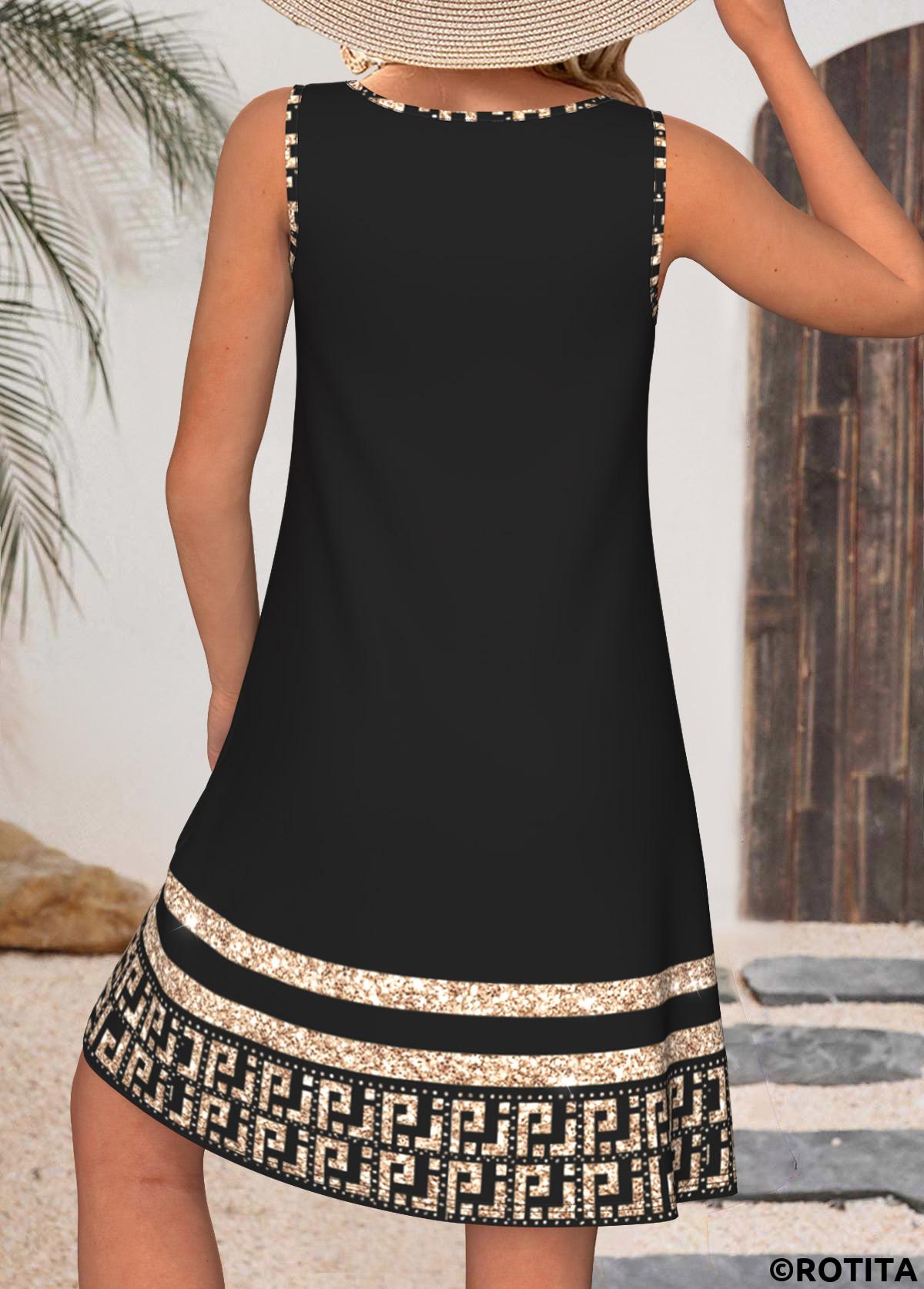 Black dresses,Tribal dresses,Everyday dresses,Casual dresses,ROTITA Plus Size Black Tribal Print Cut Out Sleeveless Dress