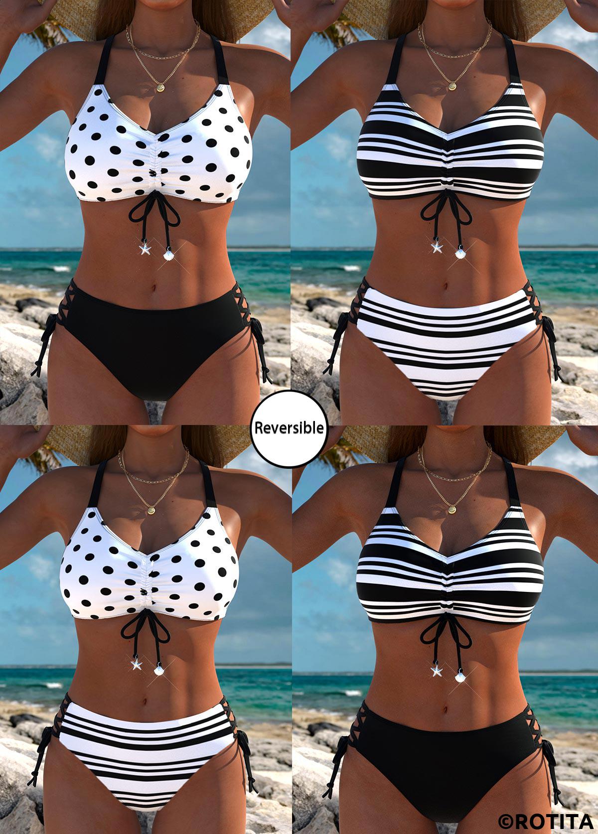 Black swimwear,Striped swimwear,Geometric swimwear,ROTITA Mid Waisted Reversible Striped Black Bikini Set