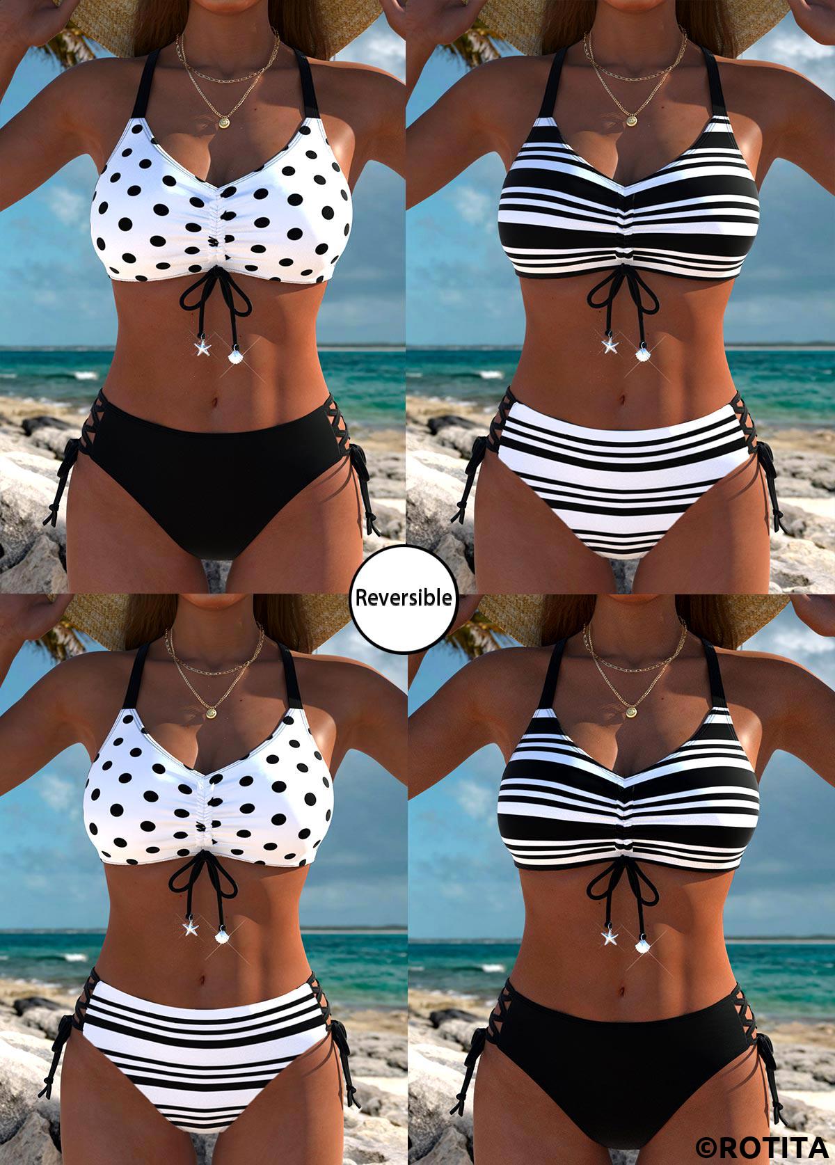 Black swimwear,Striped swimwear,Geometric swimwear,ROTITA Mid Waisted Reversible Striped Black Bikini Set