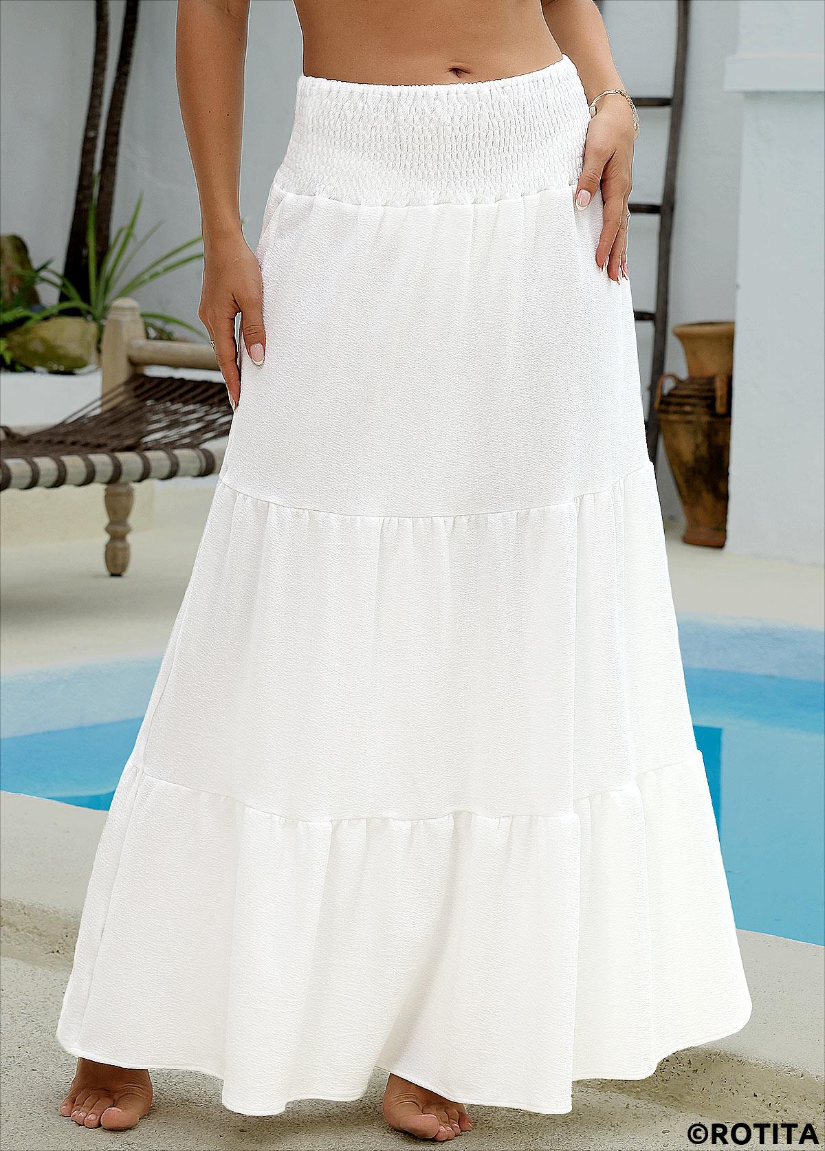 White swimwear,Plain Color swimwear,Smocking White Maxi Cover Up Skirt