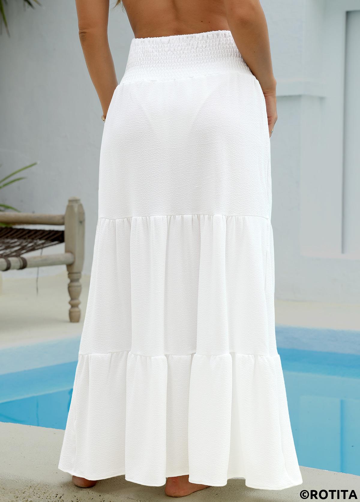 White swimwear,Plain Color swimwear,Smocking White Maxi Cover Up Skirt