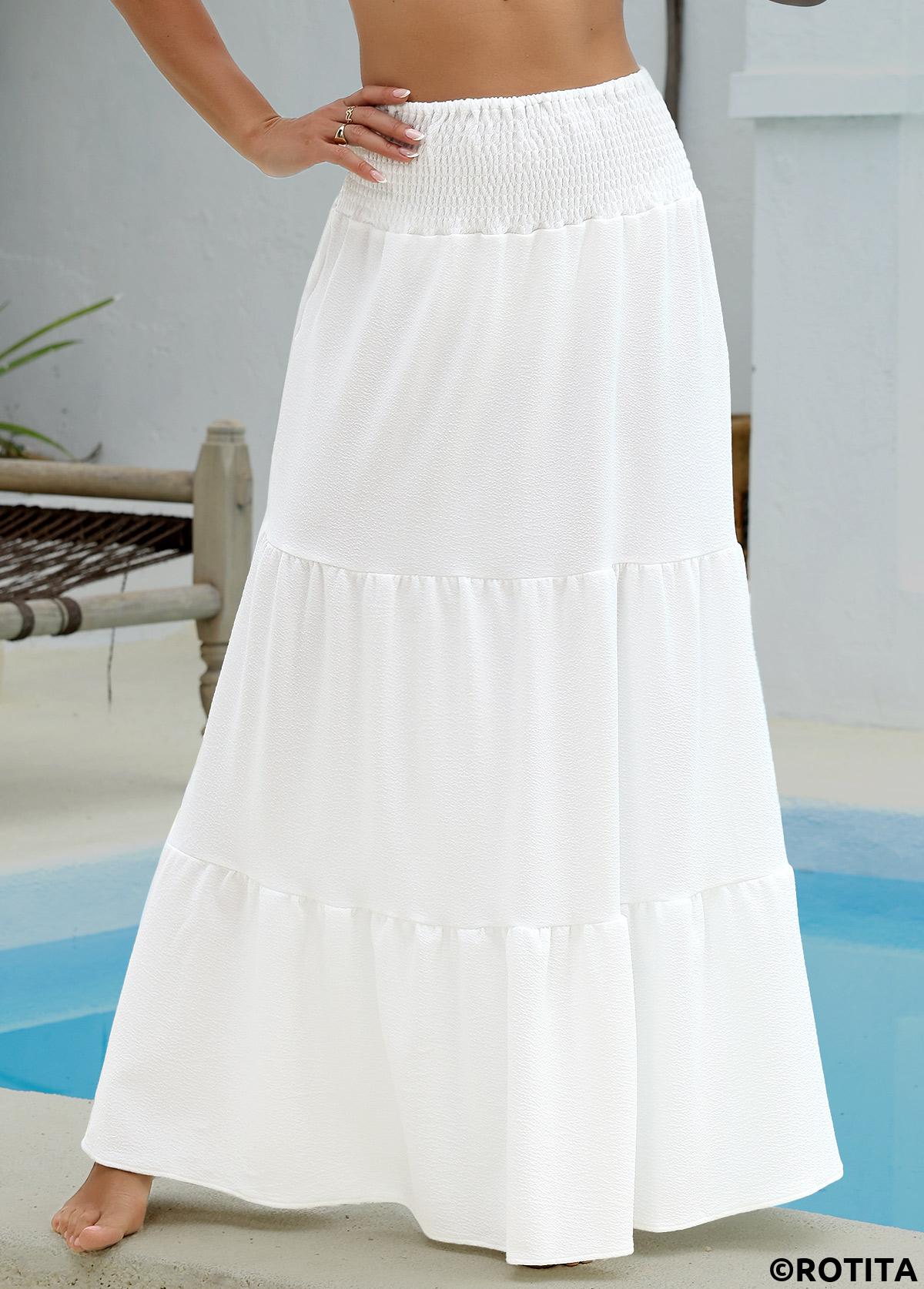 White swimwear,Plain Color swimwear,Smocking White Maxi Cover Up Skirt