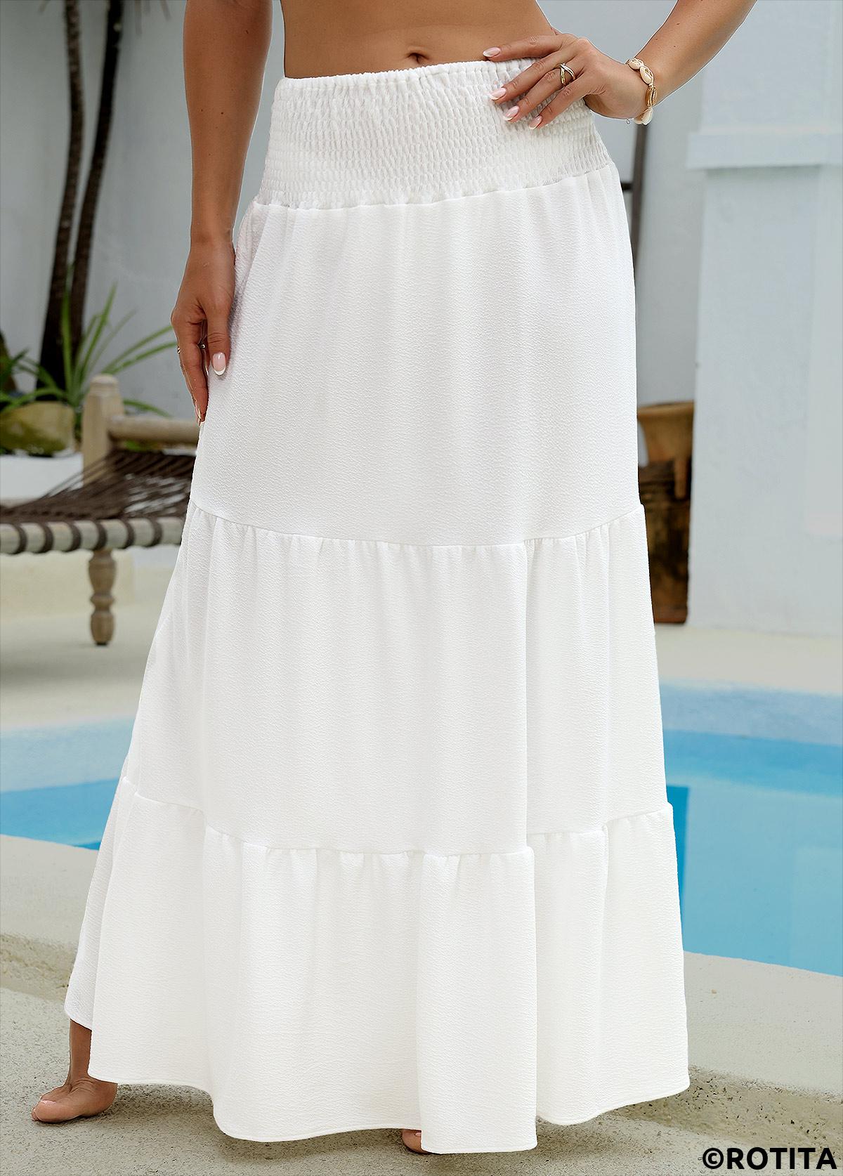 White swimwear,Plain Color swimwear,Smocking White Maxi Cover Up Skirt