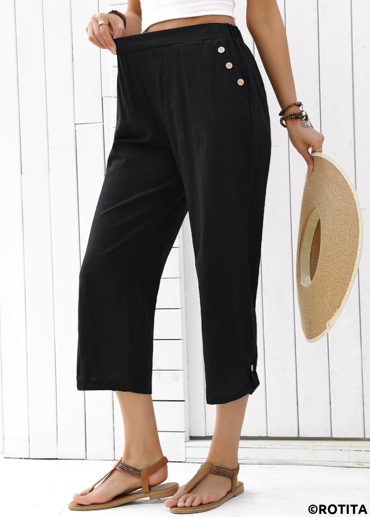 Black bottoms,Plain Color bottoms,Black Straight Leg Elastic Waist High Waisted Pants