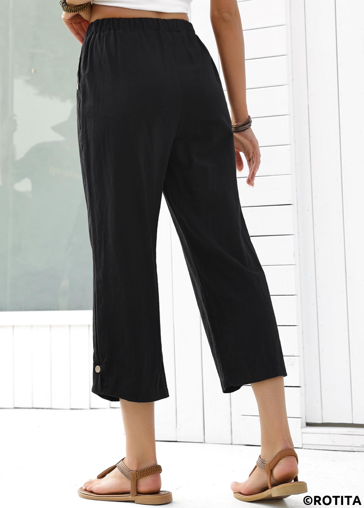 Black bottoms,Plain Color bottoms,Black Straight Leg Elastic Waist High Waisted Pants