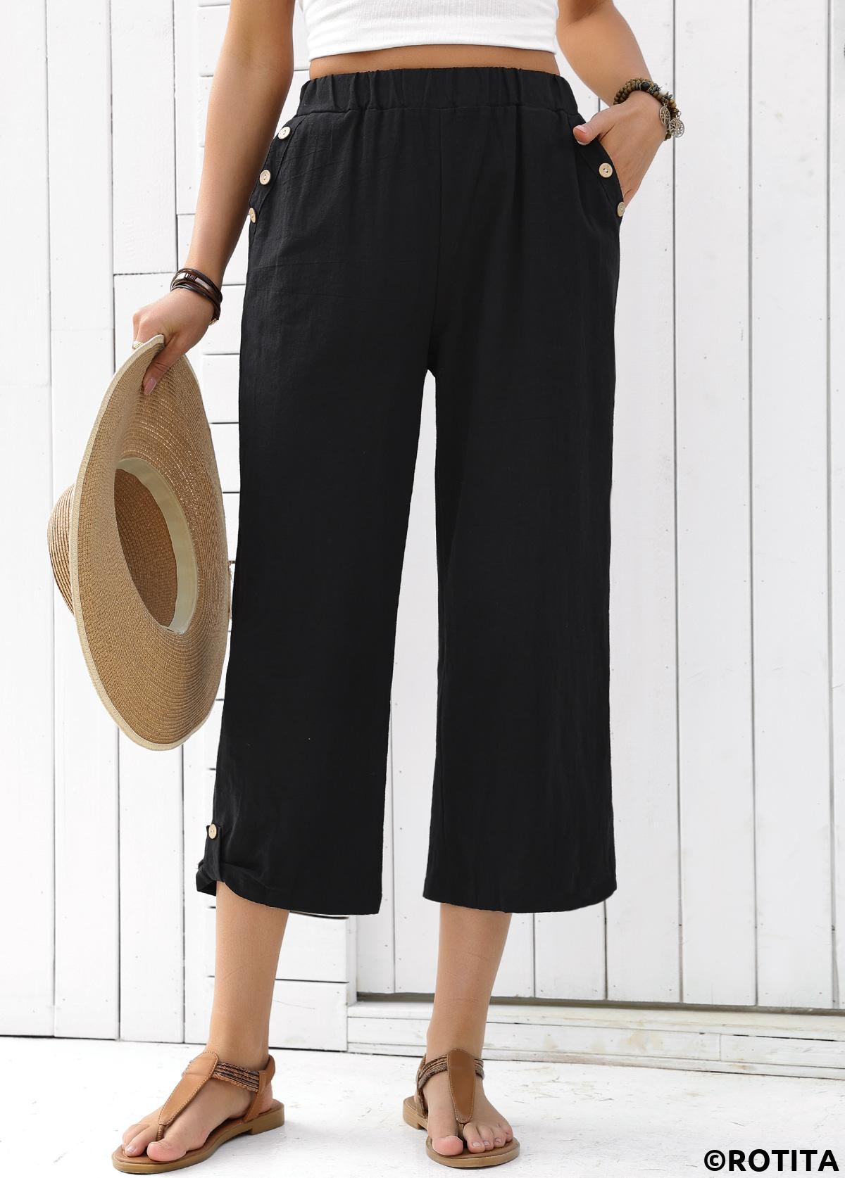 Black bottoms,Plain Color bottoms,Black Straight Leg Elastic Waist High Waisted Pants