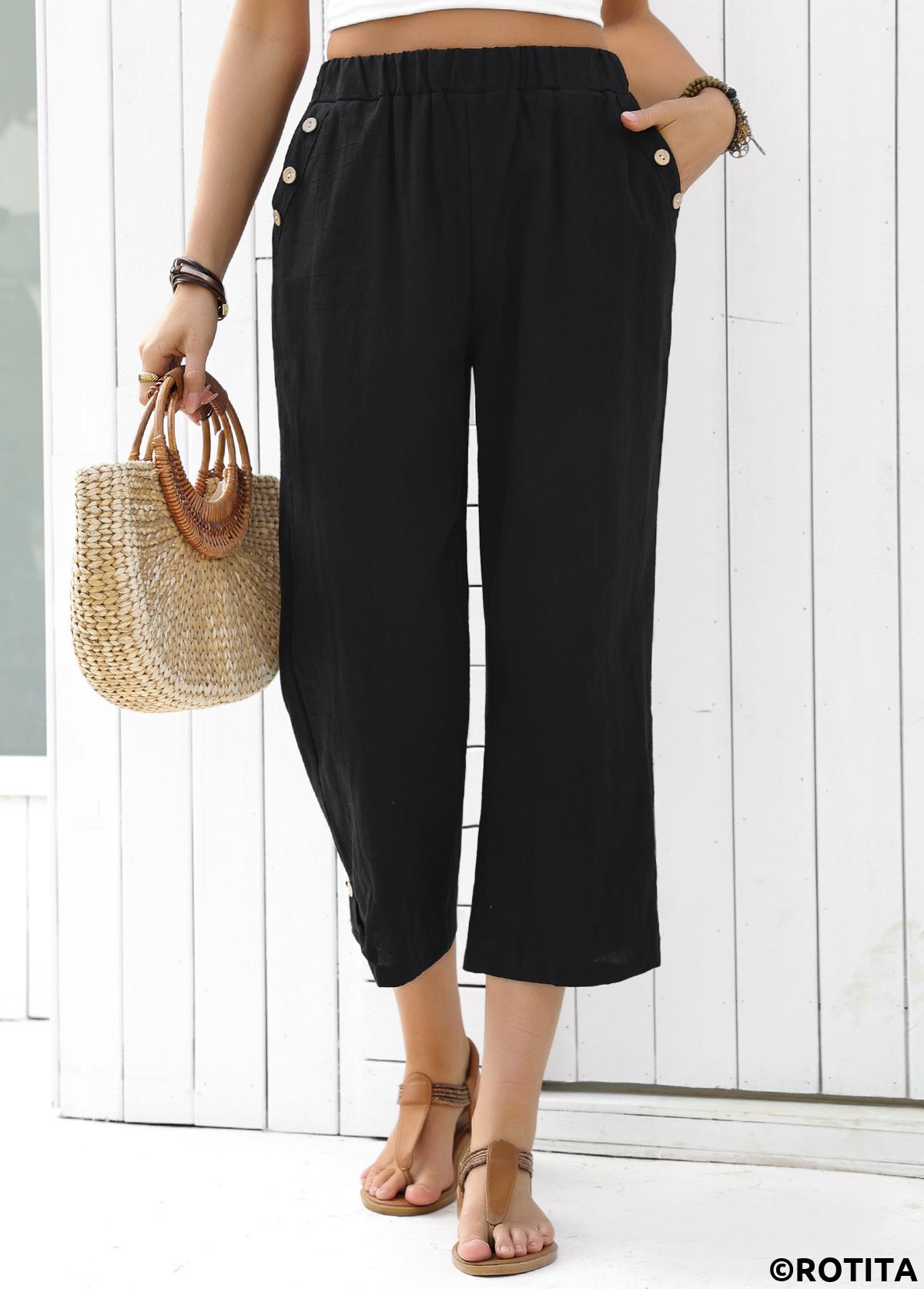 Black bottoms,Plain Color bottoms,Black Straight Leg Elastic Waist High Waisted Pants