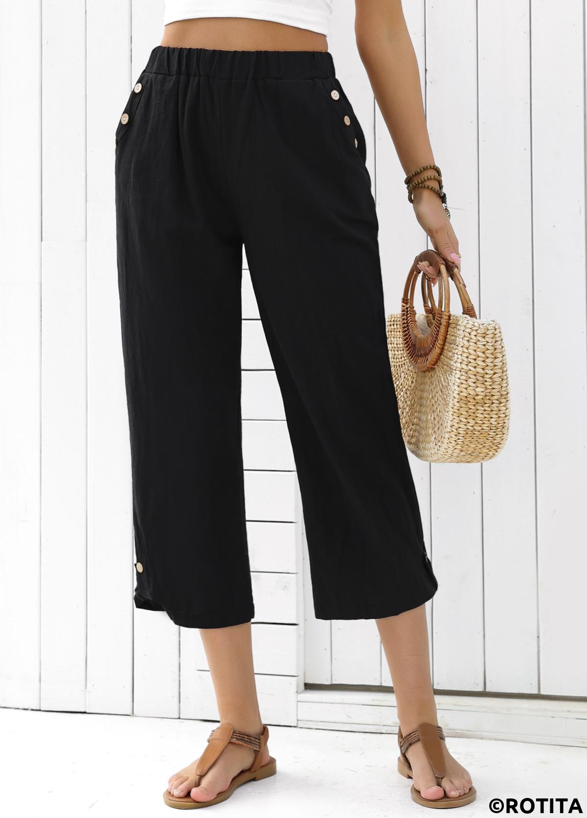 Black bottoms,Plain Color bottoms,Black Straight Leg Elastic Waist High Waisted Pants