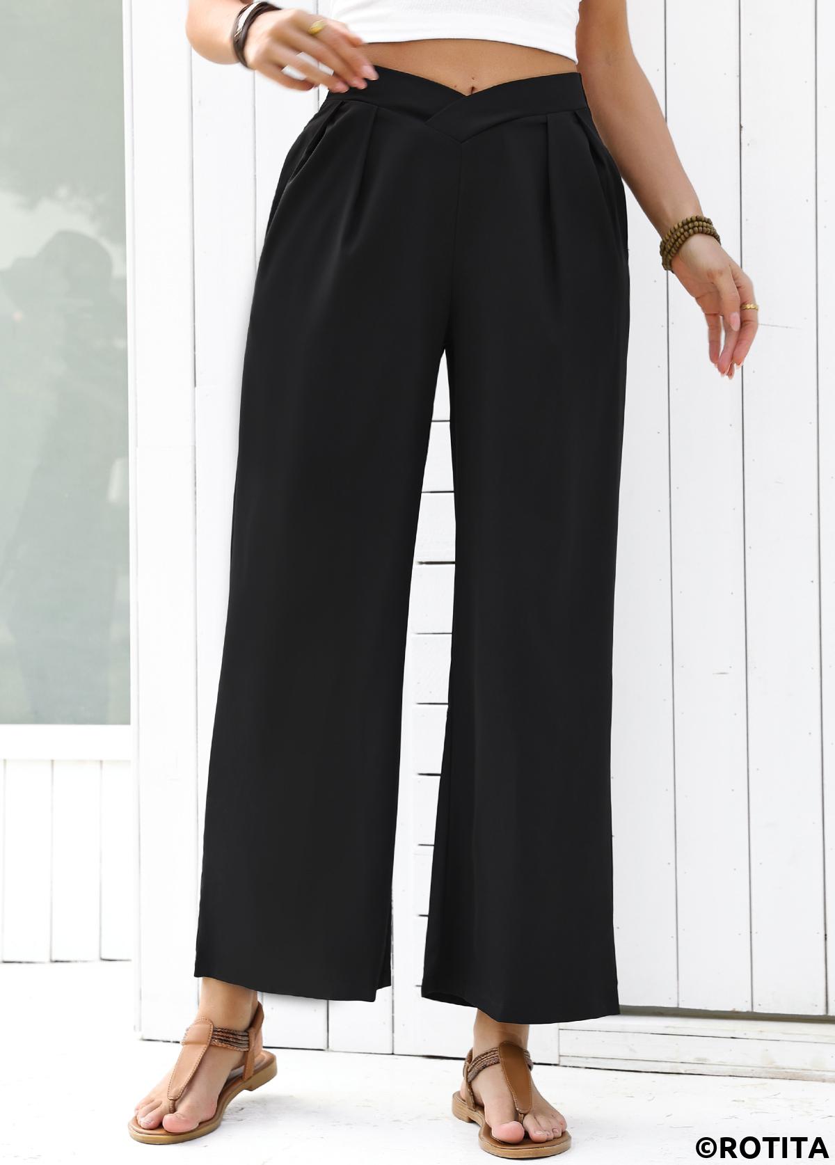 Black bottoms,Plain Color bottoms,Flowy Black Wide Leg Elastic Waist High Waisted Pants