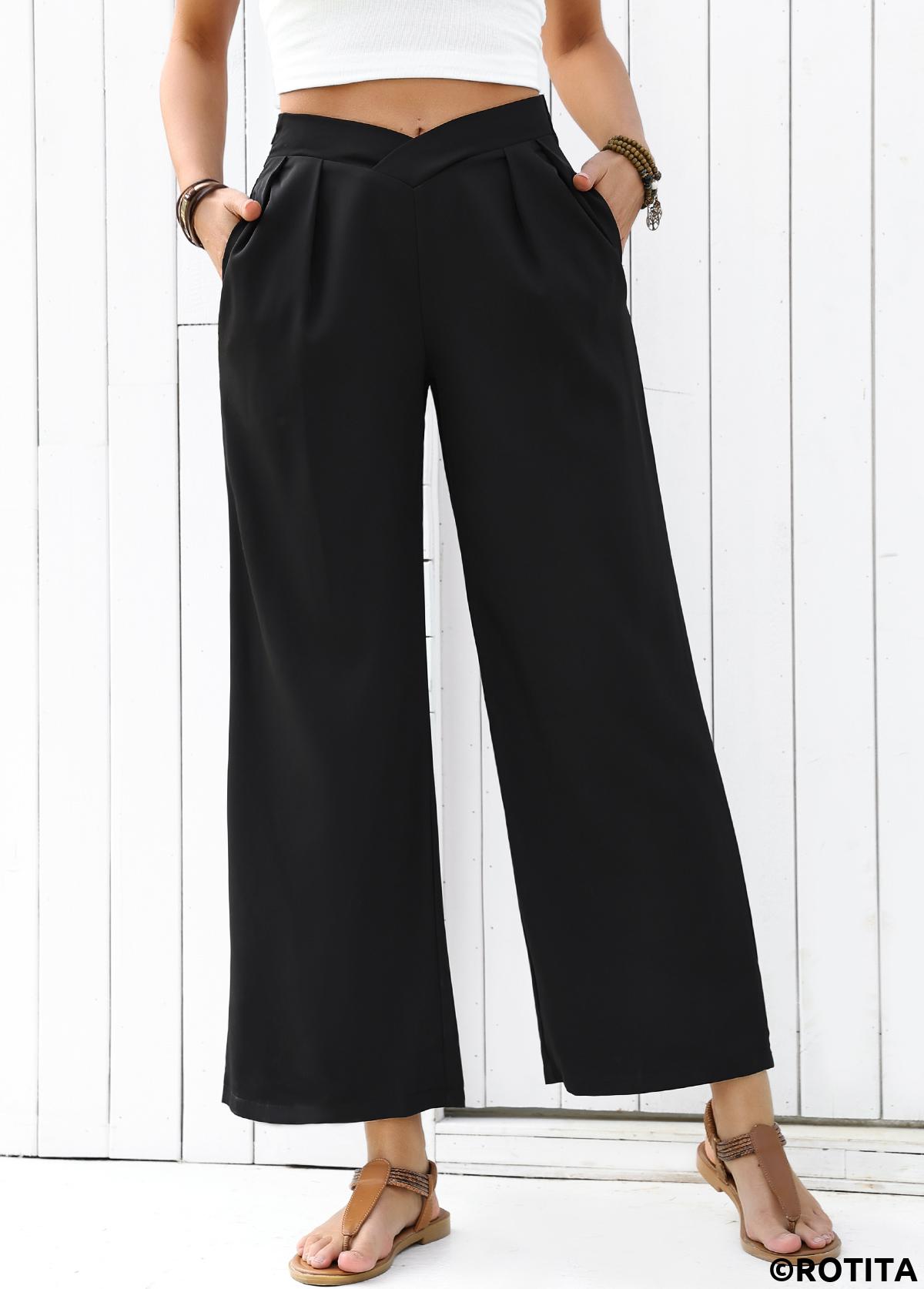 Black bottoms,Plain Color bottoms,Flowy Black Wide Leg Elastic Waist High Waisted Pants