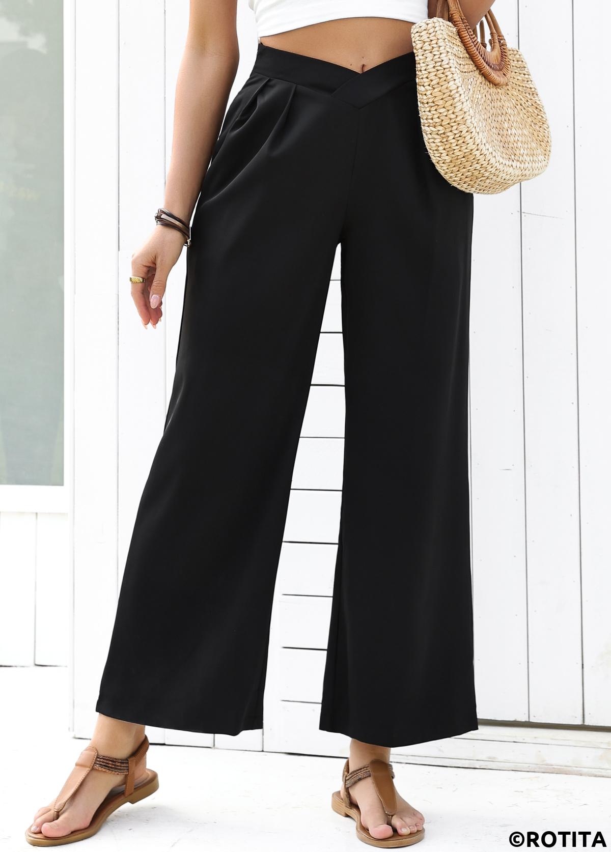 Black bottoms,Plain Color bottoms,Flowy Black Wide Leg Elastic Waist High Waisted Pants