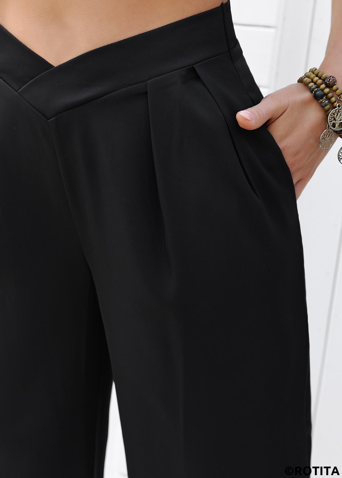 Black bottoms,Plain Color bottoms,Flowy Black Wide Leg Elastic Waist High Waisted Pants