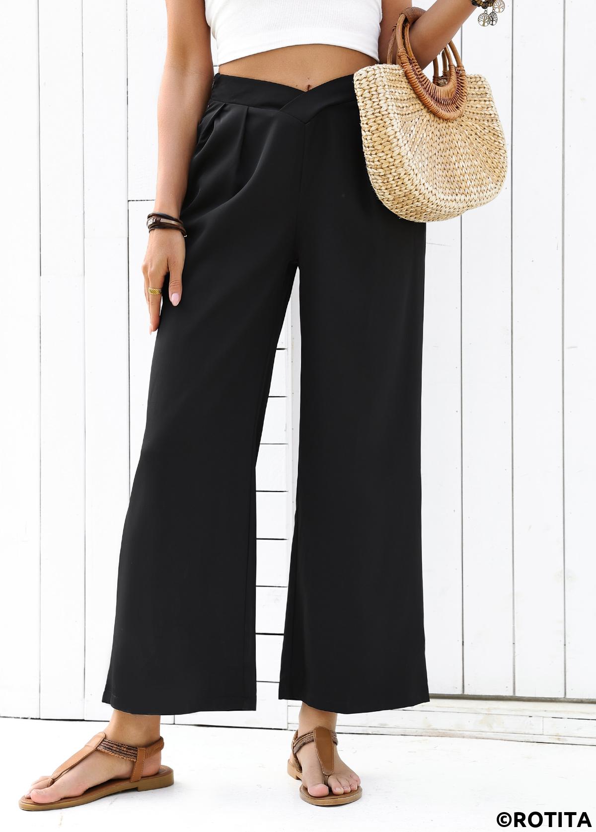 Black bottoms,Plain Color bottoms,Flowy Black Wide Leg Elastic Waist High Waisted Pants