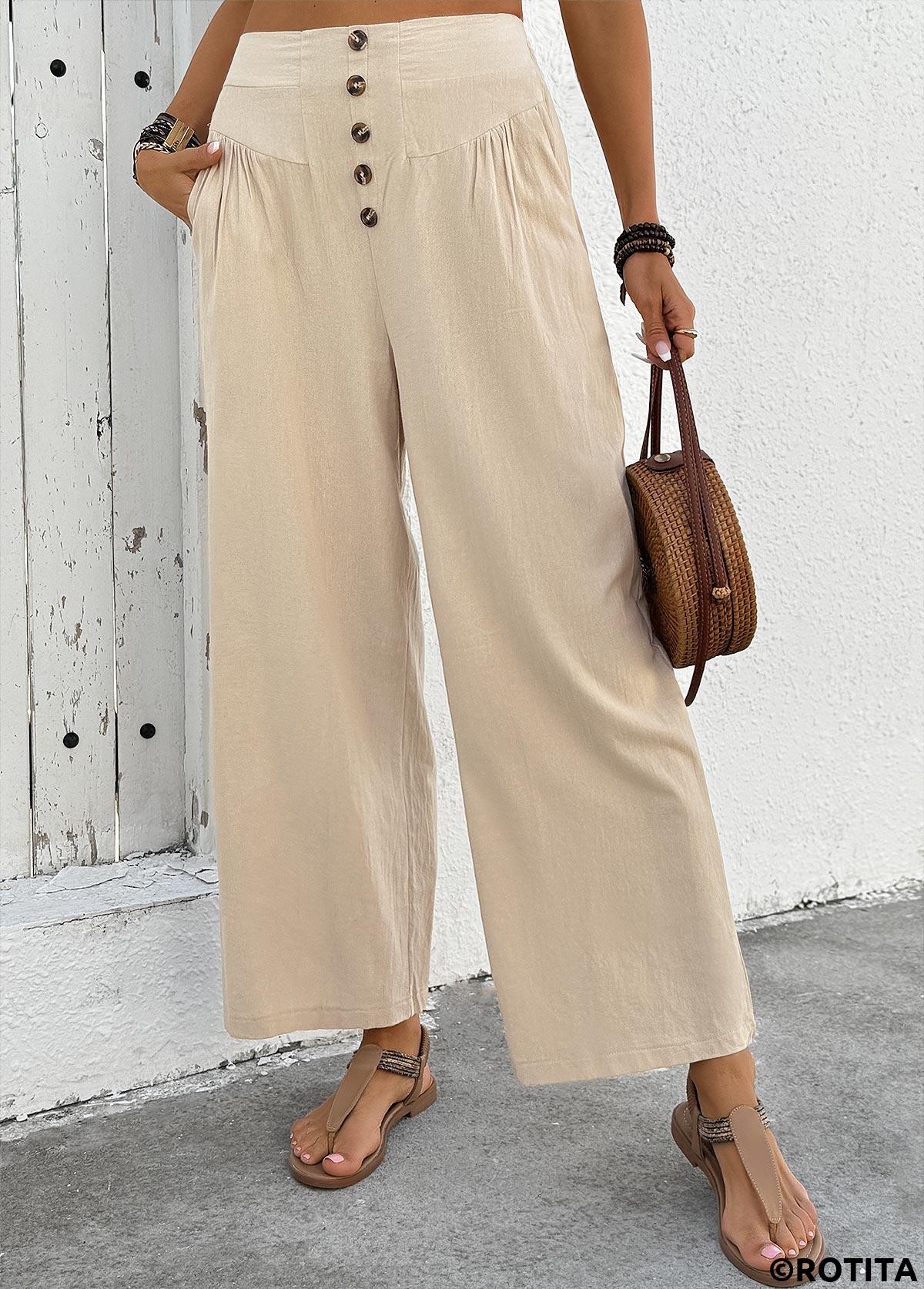 Light Camel bottoms,Plain Color bottoms,ROTITA Soft Light Camel Wide Leg Elastic Waist Pants
