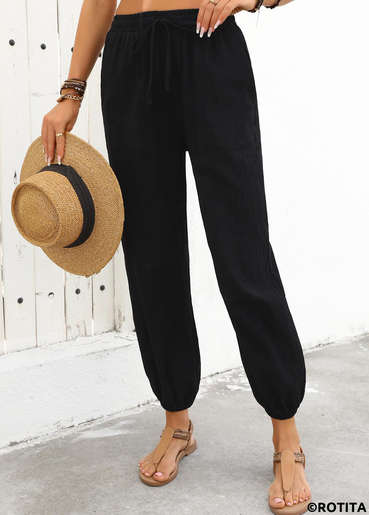 Black bottoms,Plain Color bottoms,Black Jogger Elastic Waist High Waisted Pants