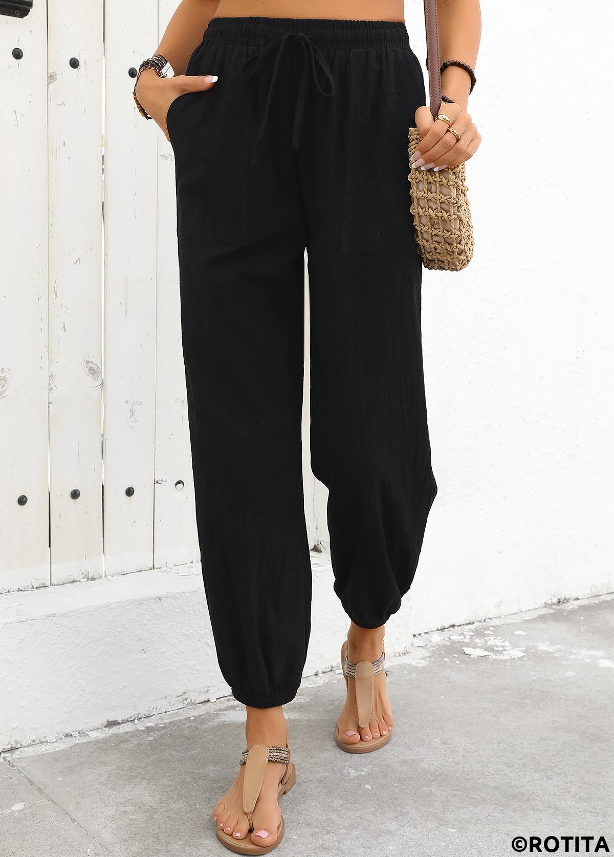 Black bottoms,Plain Color bottoms,Black Jogger Elastic Waist High Waisted Pants