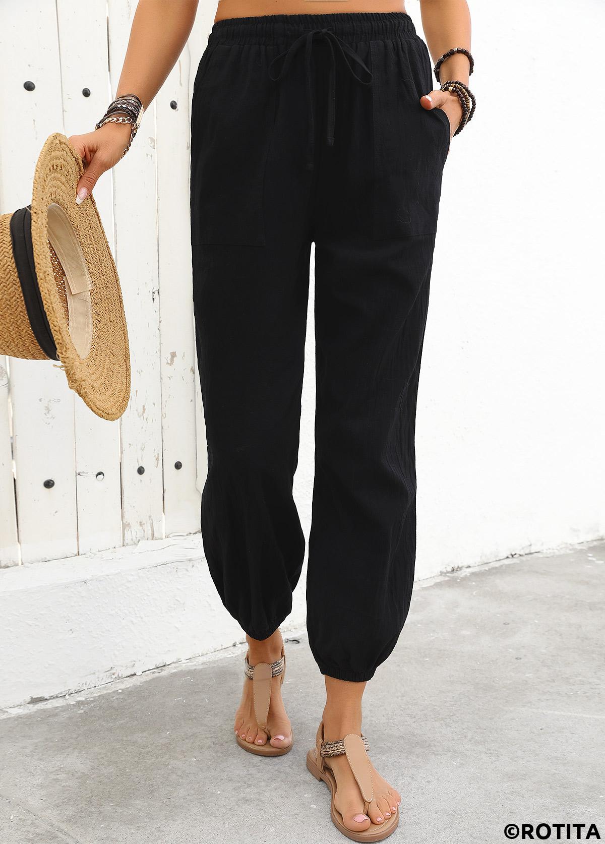Black bottoms,Plain Color bottoms,Black Jogger Elastic Waist High Waisted Pants