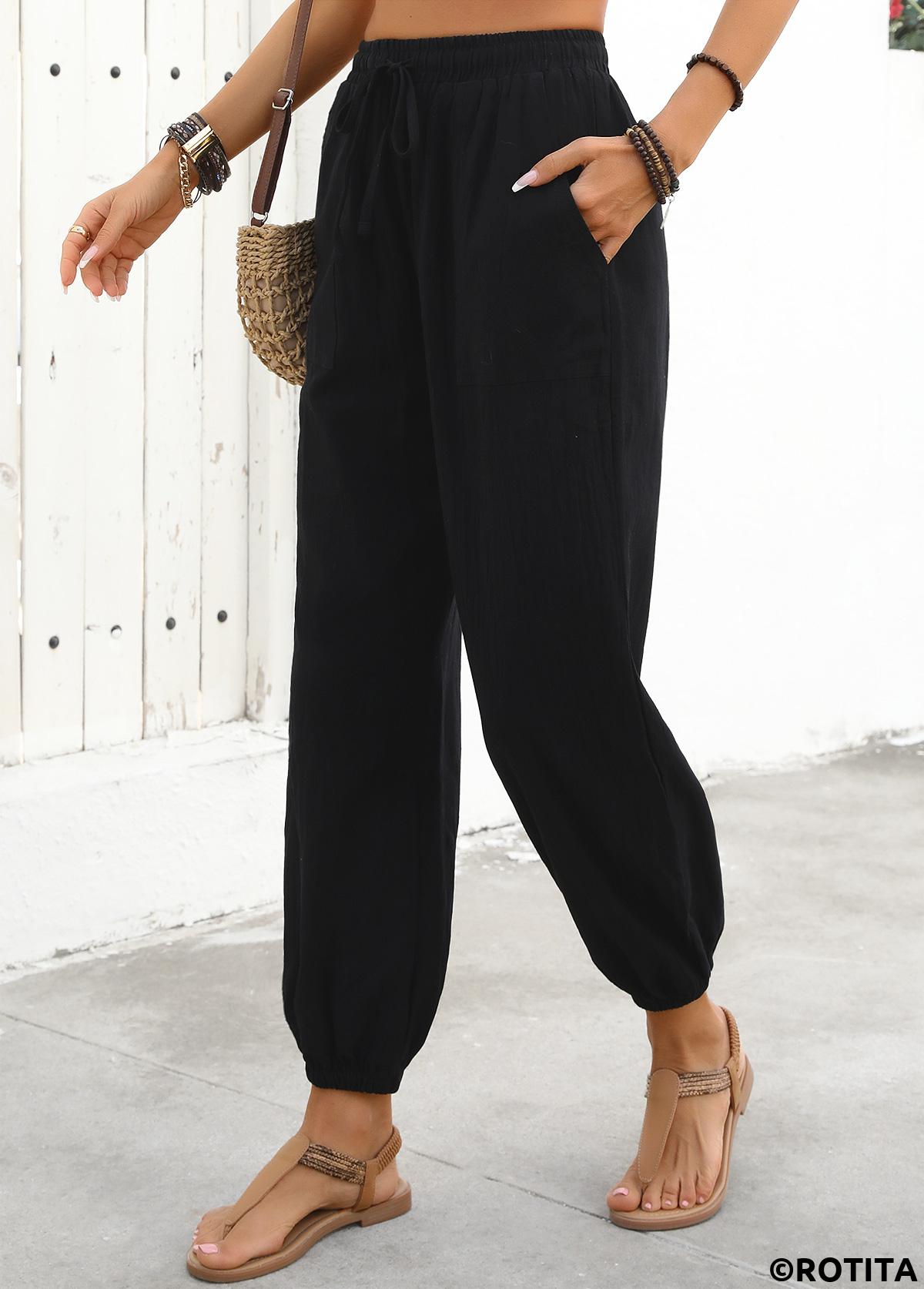 Black bottoms,Plain Color bottoms,Black Jogger Elastic Waist High Waisted Pants