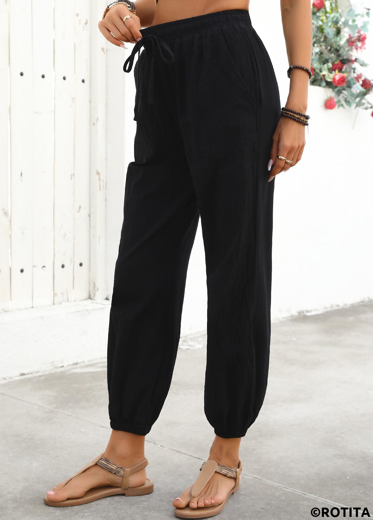 Black bottoms,Plain Color bottoms,Black Jogger Elastic Waist High Waisted Pants