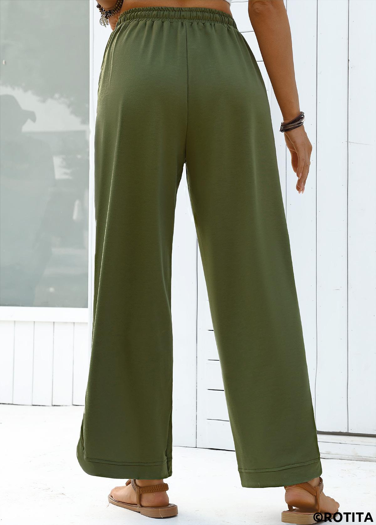 Olive Green bottoms,Plain Color bottoms,Olive Green Wide Leg Elastic Waist High Waisted Pants