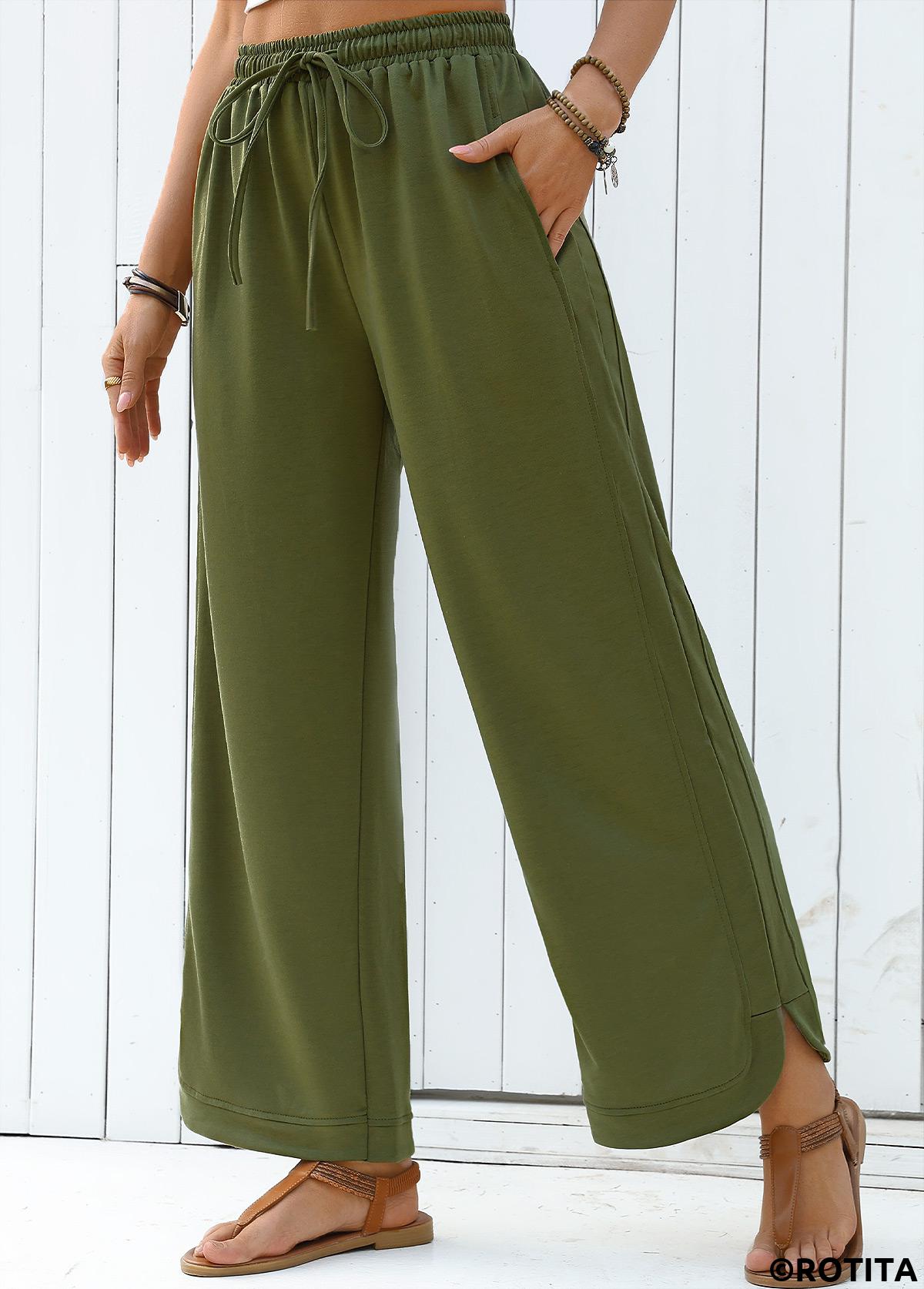 Olive Green bottoms,Plain Color bottoms,Olive Green Wide Leg Elastic Waist High Waisted Pants