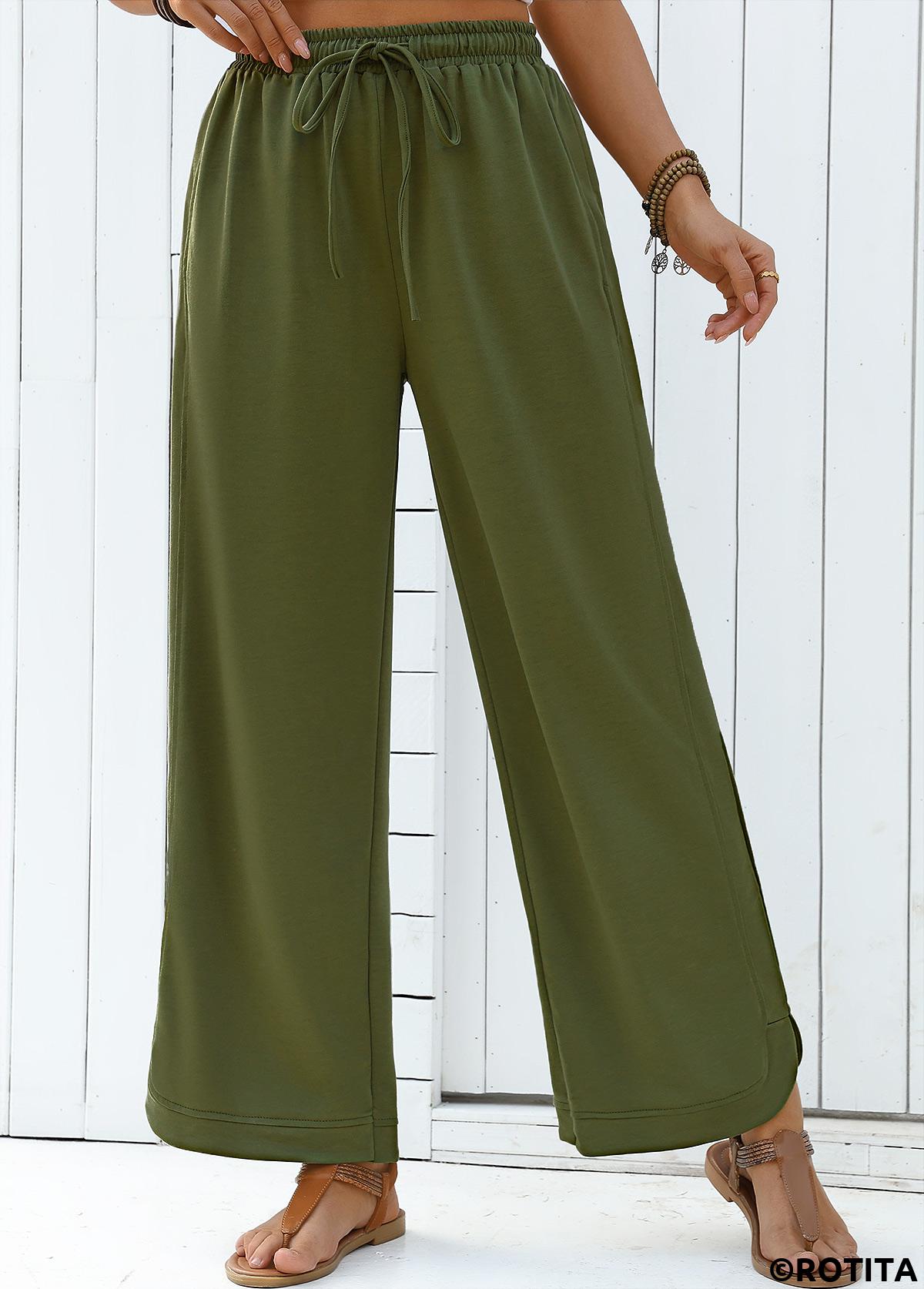 Olive Green bottoms,Plain Color bottoms,Olive Green Wide Leg Elastic Waist High Waisted Pants
