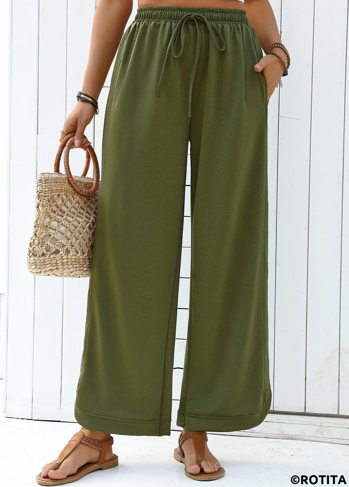 Olive Green bottoms,Plain Color bottoms,Olive Green Wide Leg Elastic Waist High Waisted Pants