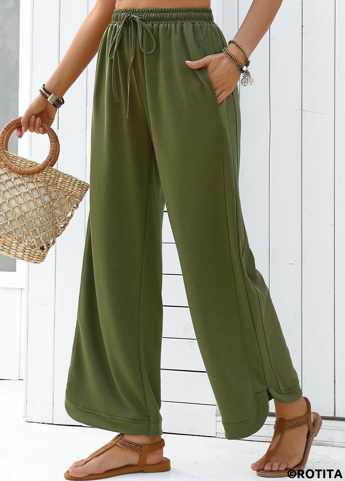 Olive Green bottoms,Plain Color bottoms,Olive Green Wide Leg Elastic Waist High Waisted Pants