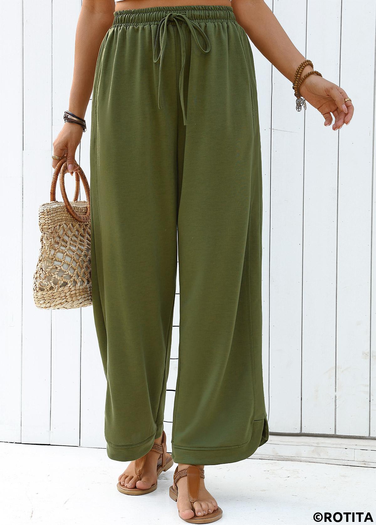 Olive Green bottoms,Plain Color bottoms,Olive Green Wide Leg Elastic Waist High Waisted Pants
