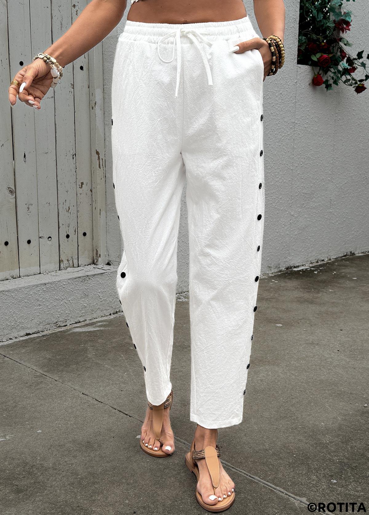 White bottoms,Plain Color bottoms,Soft White Straight Leg Elastic Waist High Waisted Pants