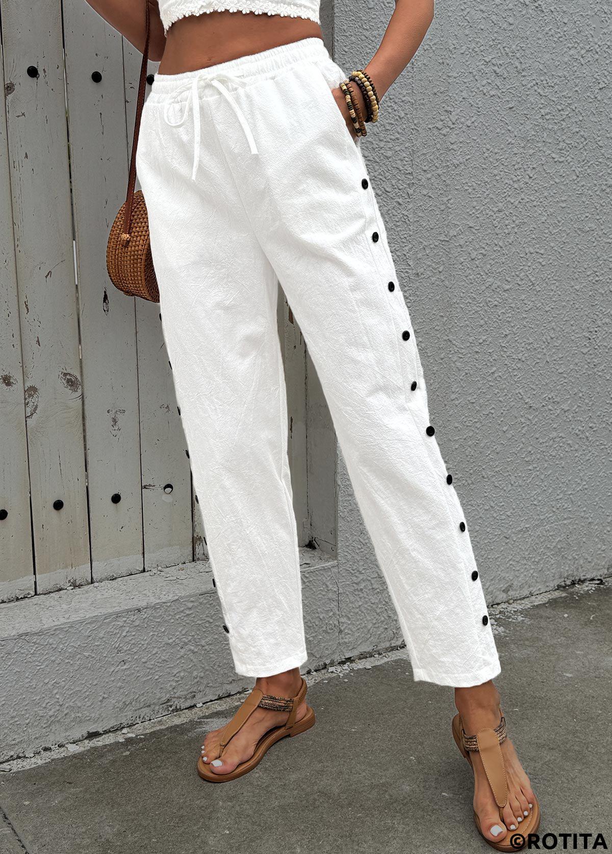 White bottoms,Plain Color bottoms,Soft White Straight Leg Elastic Waist High Waisted Pants