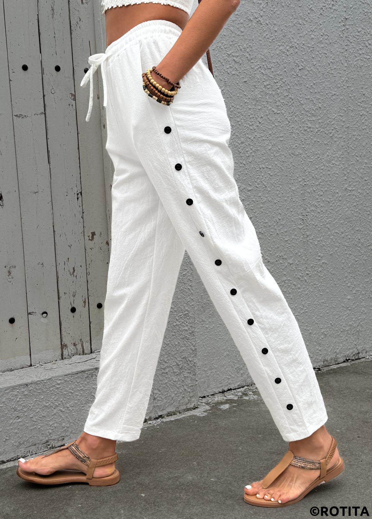 White bottoms,Plain Color bottoms,Soft White Straight Leg Elastic Waist High Waisted Pants