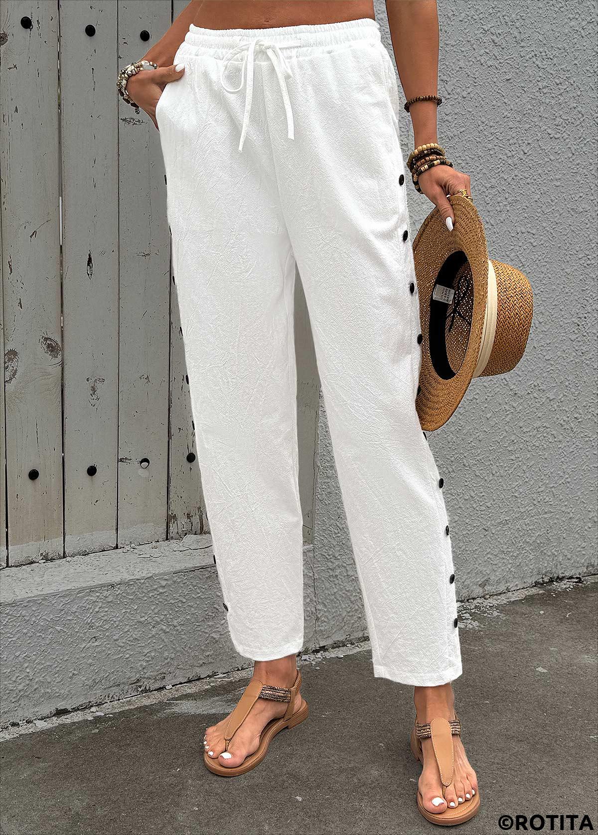 White bottoms,Plain Color bottoms,Soft White Straight Leg Elastic Waist High Waisted Pants
