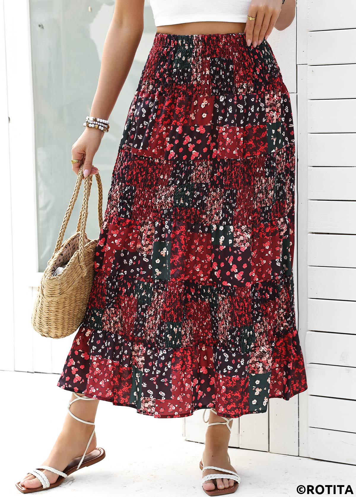 Wine Red bottoms,Ditsy Floral bottoms,Ditsy Floral Print Wine Red Elastic Waist Skirt