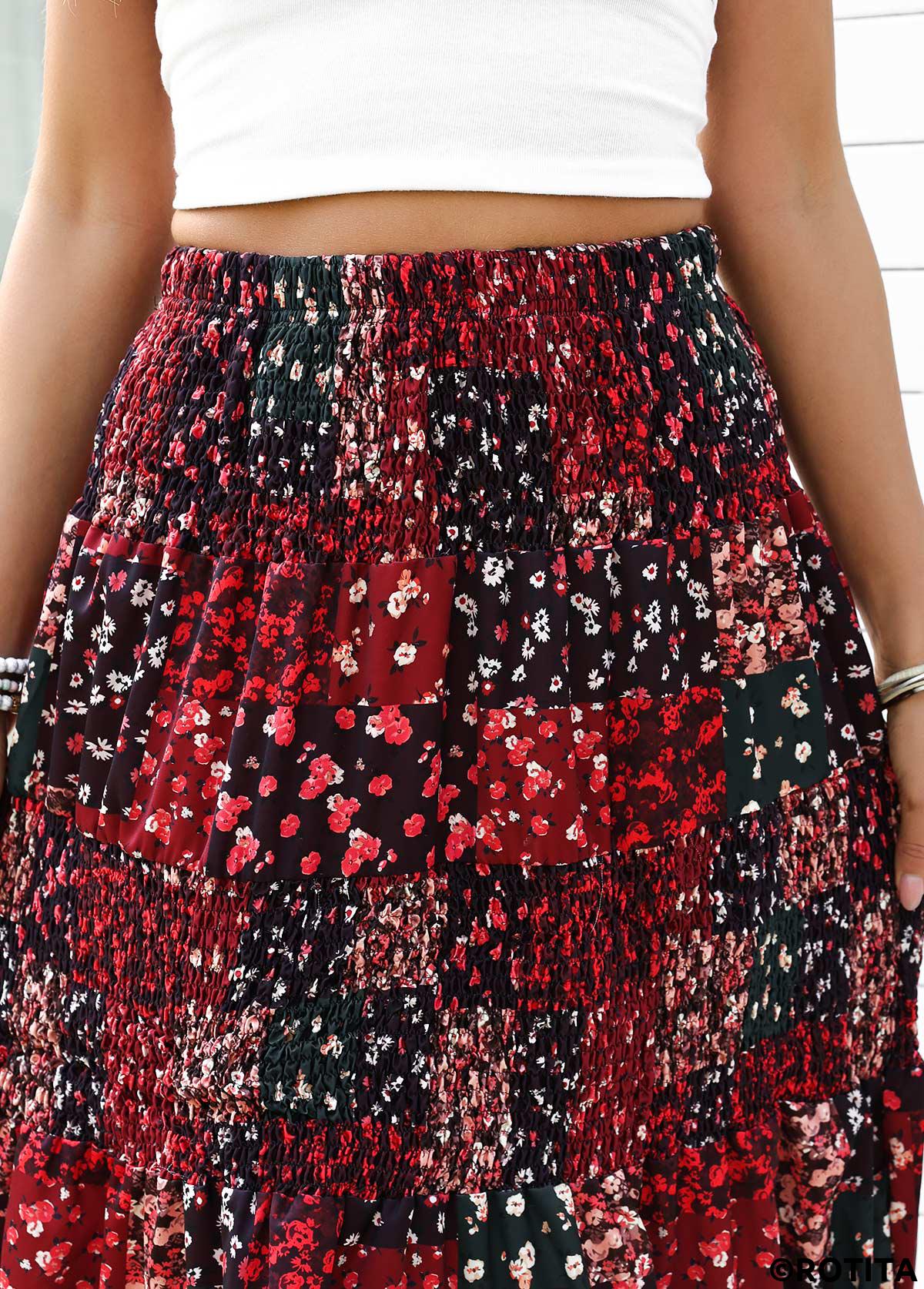 Wine Red bottoms,Ditsy Floral bottoms,Ditsy Floral Print Wine Red Elastic Waist Skirt