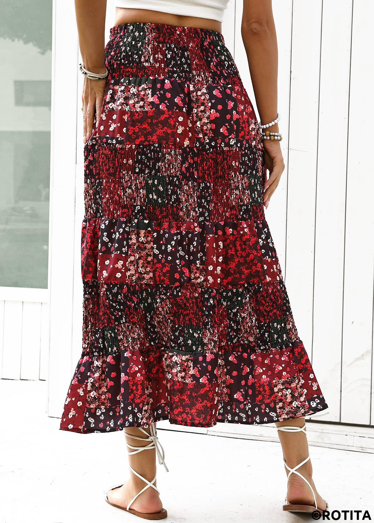 Wine Red bottoms,Ditsy Floral bottoms,Ditsy Floral Print Wine Red Elastic Waist Skirt